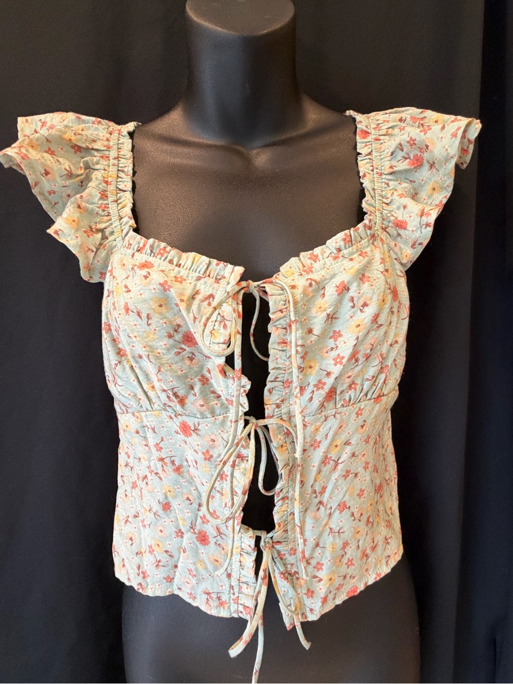 LG Mint Green Floral Tie-Front Ruffle Crop Top